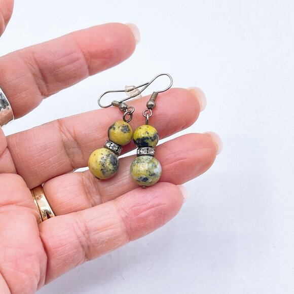 Handmade Yellow & Black Beaded Drop Earrings With 925 Sterling Silver Hooks - Picture 3 of 4